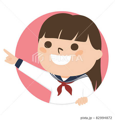 女子学生のイラスト 円形の窓から指差してる笑顔の女の子 のイラスト素材
