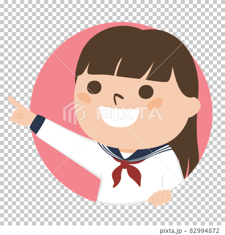 女子学生のイラスト 円形の窓から指差してる笑顔の女の子 のイラスト素材