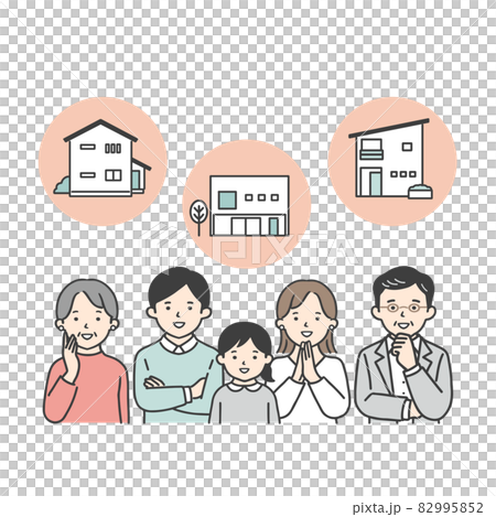 戸建ての物件を見学している三世代家族 82995852