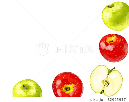 手描き水彩の赤りんごと青りんごのイラスト長方形フレーム 右下のイラスト素材