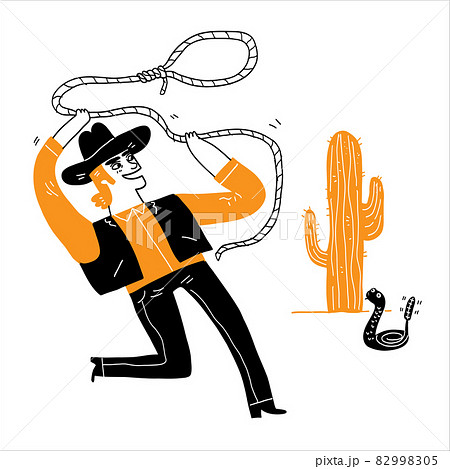 A young cowboy is using a lasso in the wilderness. 82998305