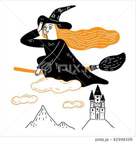 Young witch is riding a magic broom across the castle hill 82998306