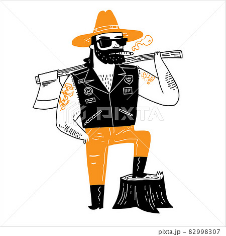 The outlaw was standing beside the stump he had cut with his ax. 82998307