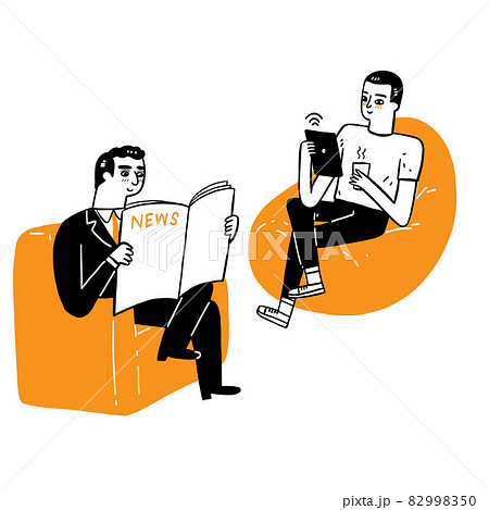 Communication business concept, elderly man reading newspaper news and young man sitting on sofa reading news through tablet. 82998350