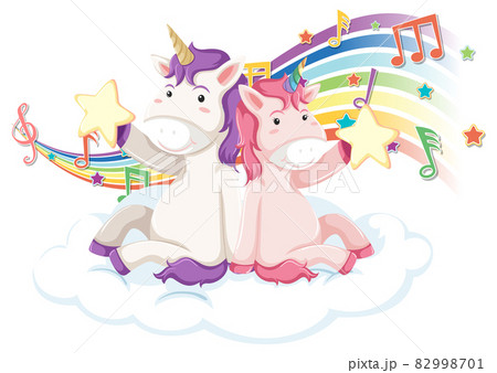Two unicorns with melody symbols on rainbow Two unicorns with melody symbols on rainbow 82998701