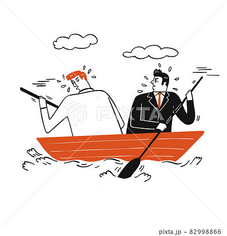 Hand drawn two business man paddling on a small wooden boat 82998866