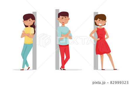 Cheerful people leaned against the wall set. Relaxed young man and woman cartoon vector illustration Cheerful people leaned against the wall set. Relaxed young man and woman cartoon vector illustration 82999323