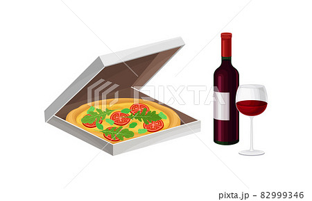 Italian traditional food set. Pizza and bottle of red wine vector illustration 82999346