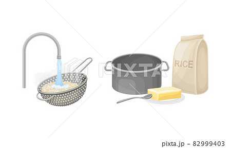 Rice cooking process set. Rinsing rice with running water and cooking ingredients vector illustration Rice cooking process set. Rinsing rice with running water and cooking ingredients vector illustration 82999403