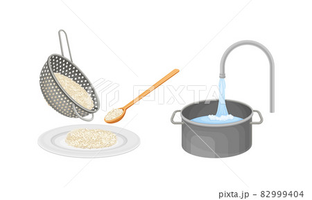 Rice cooking process set. Rinsing rice with running water vector illustration Rice cooking process set. Rinsing rice with running water vector illustration 82999404
