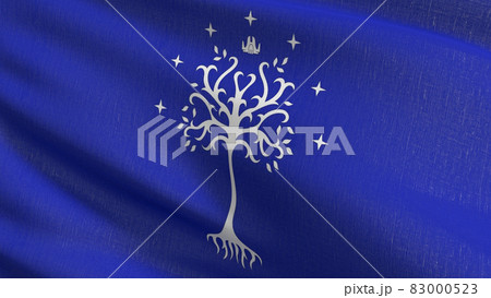 Blue Tree of Gondor flag blowing in the wind. 3D rendering illustration of waving sign 83000523