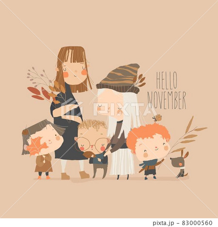 Cute Cartoon Children holding Colorful Leaves. Hello November 83000560