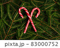 new year christmas red-white christmas candy lollipops on background of fir branches, christmas tree 83000752