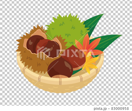 カゴに入った栗と紅葉のイラストのイラスト素材