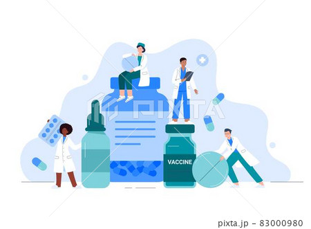 Female and male doctors presenting drugs, antibiotic pills, vitamins, and bottles. Vector flat illustration. Female and male doctors presenting drugs, antibiotic pills, vitamins, and bottles. Vector flat illustration. 83000980