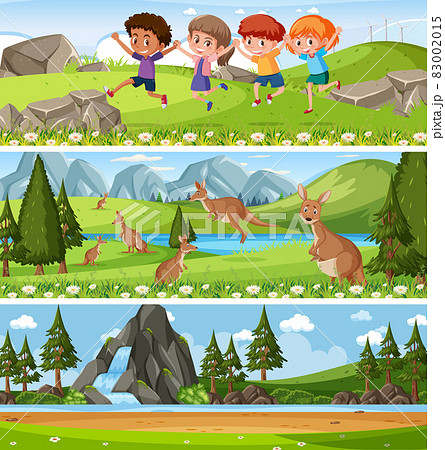 Different nature landscape at daytime scene with cartoon character 83002015