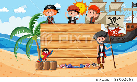 Pirate kids at the beach daytime scene with an empty banner template Pirate kids at the beach daytime scene with an empty banner template 83002065