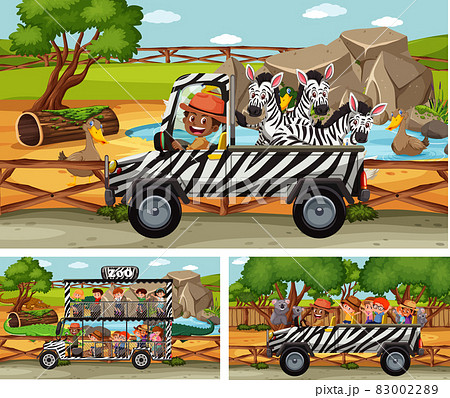 Different safari scenes with animals and kids cartoon character Different safari scenes with animals and kids cartoon character 83002289