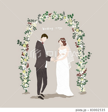 指輪の交換をする新郎新婦 花嫁 ウエディング 結婚式 フラワーアーチ Dのイラスト素材