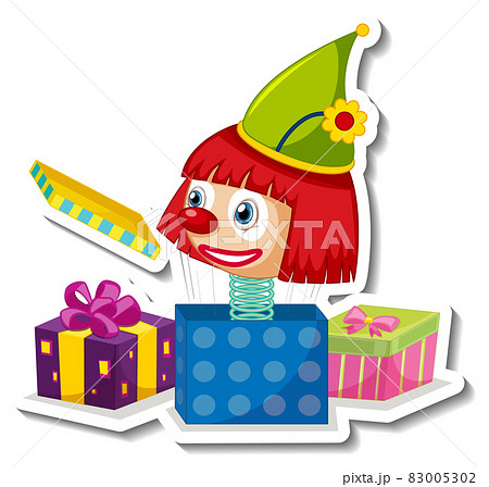 Sticker template with cute clown on a spring in the box 83005302
