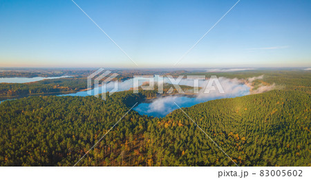 Aerial panoramic view of Asalnai lake at Autumn, Lithuania 83005602
