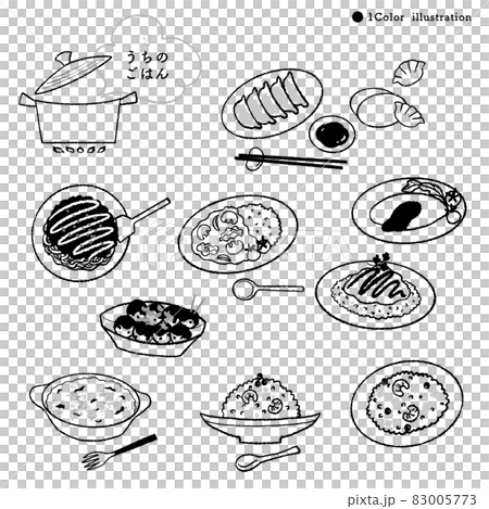 定番ごはんの手描きイラスト-2/モノクロ 83005773