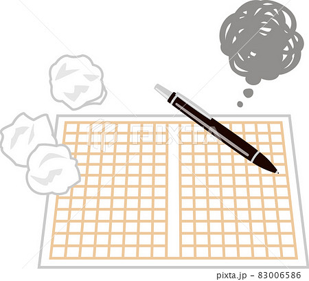 丸めた原稿用紙と投げ出されたペンのイラスト素材