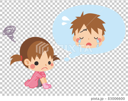 喧嘩をして泣かせてしまった友達のことで悩んで膝を抱えて座っている可愛い小さな女の子のイラスト　白背景 83006600