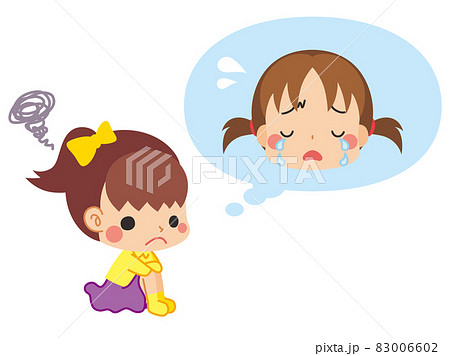 喧嘩をして泣かせてしまった友達のことで悩んで膝を抱えて座っている可愛い小さな女の子のイラスト 白背景のイラスト素材