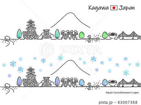 冬の香川県の観光地の街並みシンプル線画セット 83007368