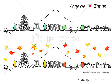 秋の香川県の観光地の街並みシンプル線画セット 秋の香川県の観光地の街並みシンプル線画セット 83007369
