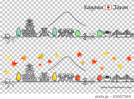 秋の香川県の観光地の街並みシンプル線画セット 秋の香川県の観光地の街並みシンプル線画セット 83007369