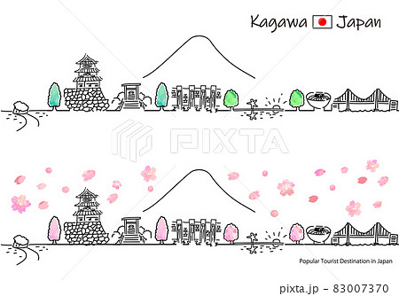 春の香川県の観光地の街並みシンプル線画セット 83007370