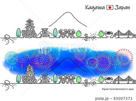 香川県の観光地の街並みと花火のシンプル線画セット 香川県の観光地の街並みと花火のシンプル線画セット 83007371