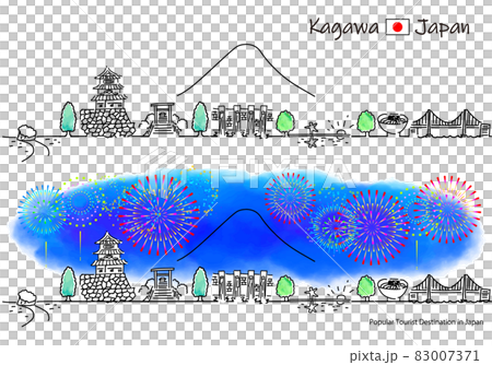 Simple line drawing set of fireworks and cityscape of sightseeing spots in Kagawa prefecture 83007371