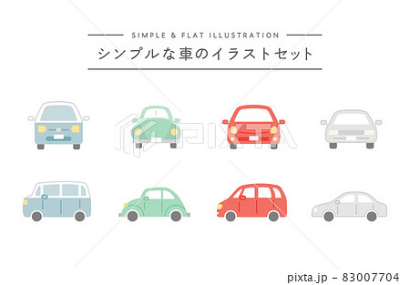 シンプルな車のイラストセット　アイコン　自動車　乗り物　かわいい　線画　正面　横　クルマ 83007704