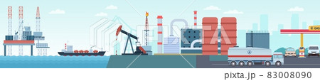 Oil petroleum industry extraction, production and transportation infographic. Sea rig, tanker, refinery plant and gas station vector concept Oil petroleum industry extraction, production and transportation infographic. Sea rig, tanker, refinery plant and gas station vector concept 83008090