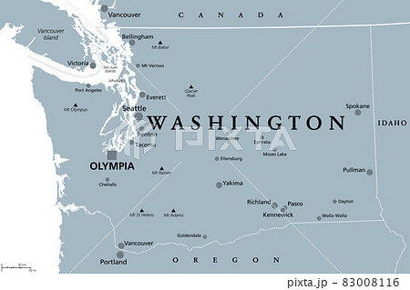Washington, WA, gray political map, with capital Olympia. State in the Pacific Northwest region of the Western United States of America. State of Washington, with nickname The Evergreen State. Vector. Washington, WA, gray political map, with capital Olympia. State in the Pacific Northwest region of the Western United States of America. State of Washington, with nickname The Evergreen State. Vector. 83008116