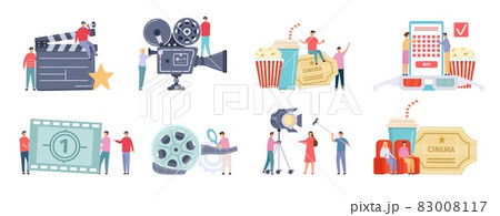 Flat tiny characters recording, making and watching movies. Film director, shooting crew, people at cinema. Movie production team vector set 83008117