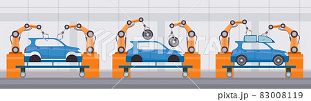 Industry robot arm assemble cars on conveyor belt. Automobile factory automated manufacture. Flat machine construction line vector concept 83008119