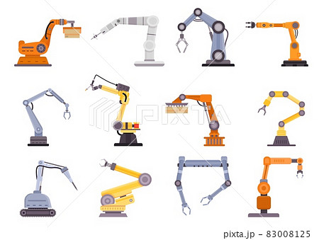 Factory robot arms, manipulators and cranes for manufacture industry. Flat mechanic control tool, automation technology equipment vector set 83008125