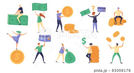 Tiny characters hold money bill, coin and salary. Cartoon rich people with currency. Finance debts, savings and investing concept vector set Tiny characters hold money bill, coin and salary. Cartoon rich people with currency. Finance debts, savings and investing concept vector set 83008178