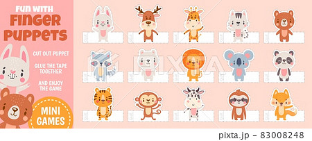 Finger puppets forest animals for paper cut kids activities. Home theater with handmade cartoon toys. Children craft education vector page Finger puppets forest animals for paper cut kids activities. Home theater with handmade cartoon toys. Children craft education vector page 83008248