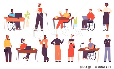 Inclusive multicultural office workers at workplace. Cartoon business people in wheelchair, disabled character at work. Diversity vector set Inclusive multicultural office workers at workplace. Cartoon business people in wheelchair, disabled character at work. Diversity vector set 83008314