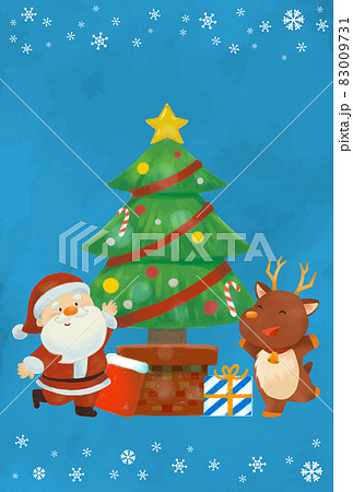 クリスマスツリーの前でにこやかに笑うサンタとトナカイのイラストのイラスト素材