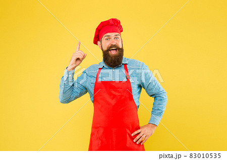 Cook bearded man knows some secret tips cooking elicious meals, good idea 83010535
