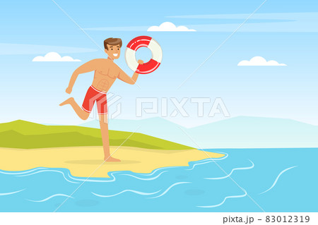 Young Man Lifeguard Running with Lifebuoy Supervising Safety Vector Illustration Young Man Lifeguard Running with Lifebuoy Supervising Safety Vector Illustration 83012319