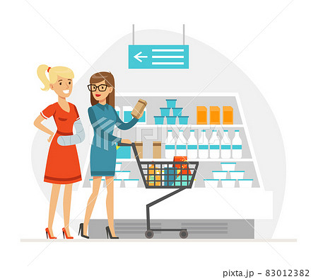Smiling Woman with Shopping Cart Helping Disabled Friend to Buy Provisions Vector Illustration 83012382