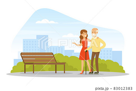 Smiling Woman Leading Senior Man by the Arm Walking in the Park Vector Illustration 83012383