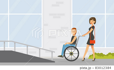 Smiling Woman Pushing Wheelchair with Disabled Man Up the Ramp Vector Illustration 83012384